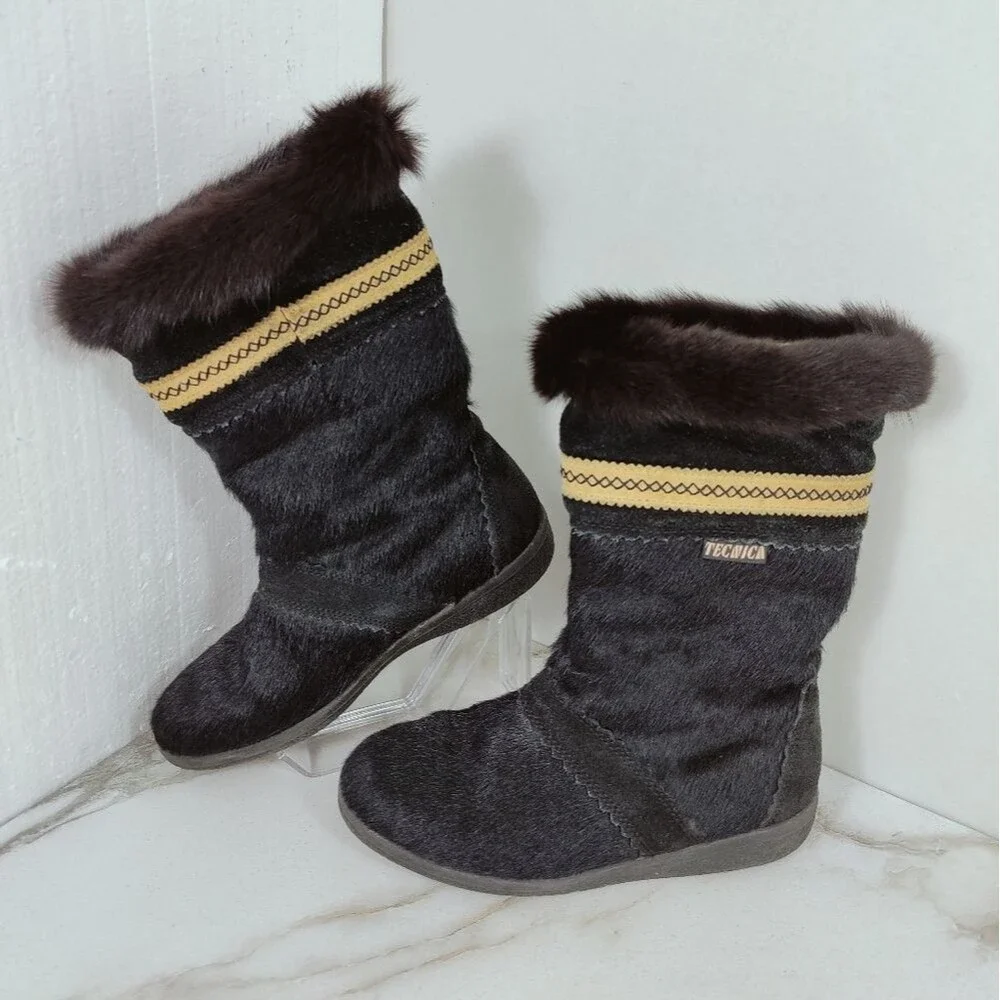 VTG Tecnica Black Goat Fur Aztec Style Trim Apres Ski Winter Snow Boots, 6